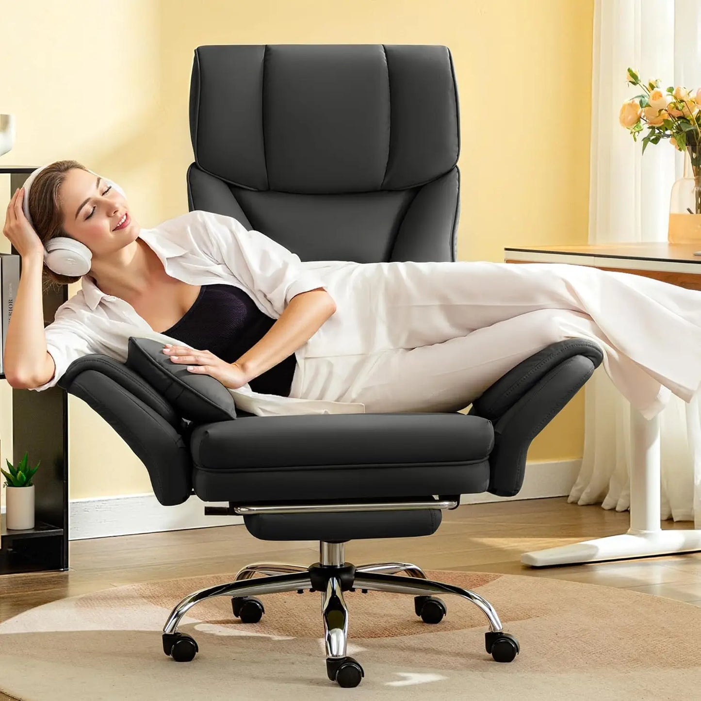 Big and Tall Office Chair, 400LBS Wide Leather Executive Chair, Reversible Armrest for Pets Criss Cross Legged,, Customized