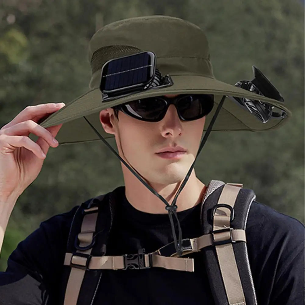 Solar Fan Hat for Men Women, Wide Brim Sun Protection Hat with Dual Solar Fans, 2-in-1 Hands-Free Cooling Cap for Hiking & Work