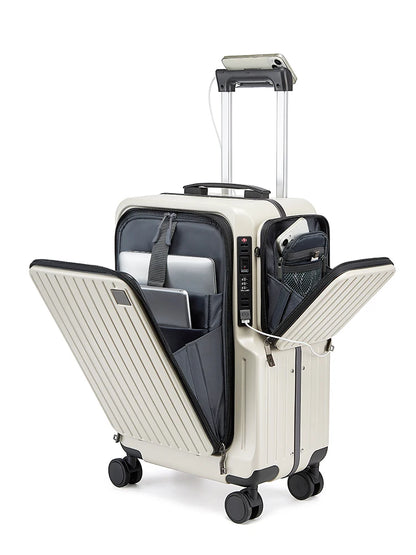 Front-opening Carry-On Suitcase multiple function Laptop Boarding Case with USB Charging Trolley Case 20 Inch A Travel Luggage