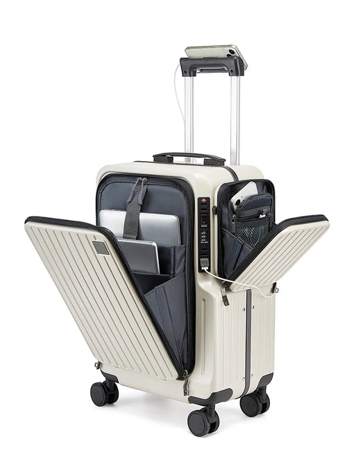 Front-opening Carry-On Suitcase multiple function Laptop Boarding Case with USB Charging Trolley Case 20 Inch A Travel Luggage