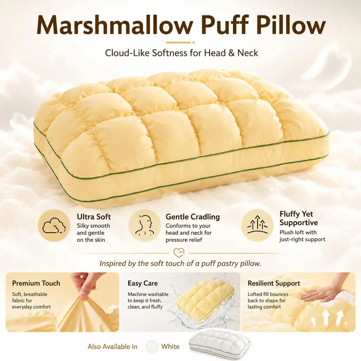 Marshmallow-Soft Pillow for Adults, Soft Cloud-Like Fluffy Pillow for Sleeping, Bedroom, Side and Back Sleepers (FREE Robe and Eye Mask)