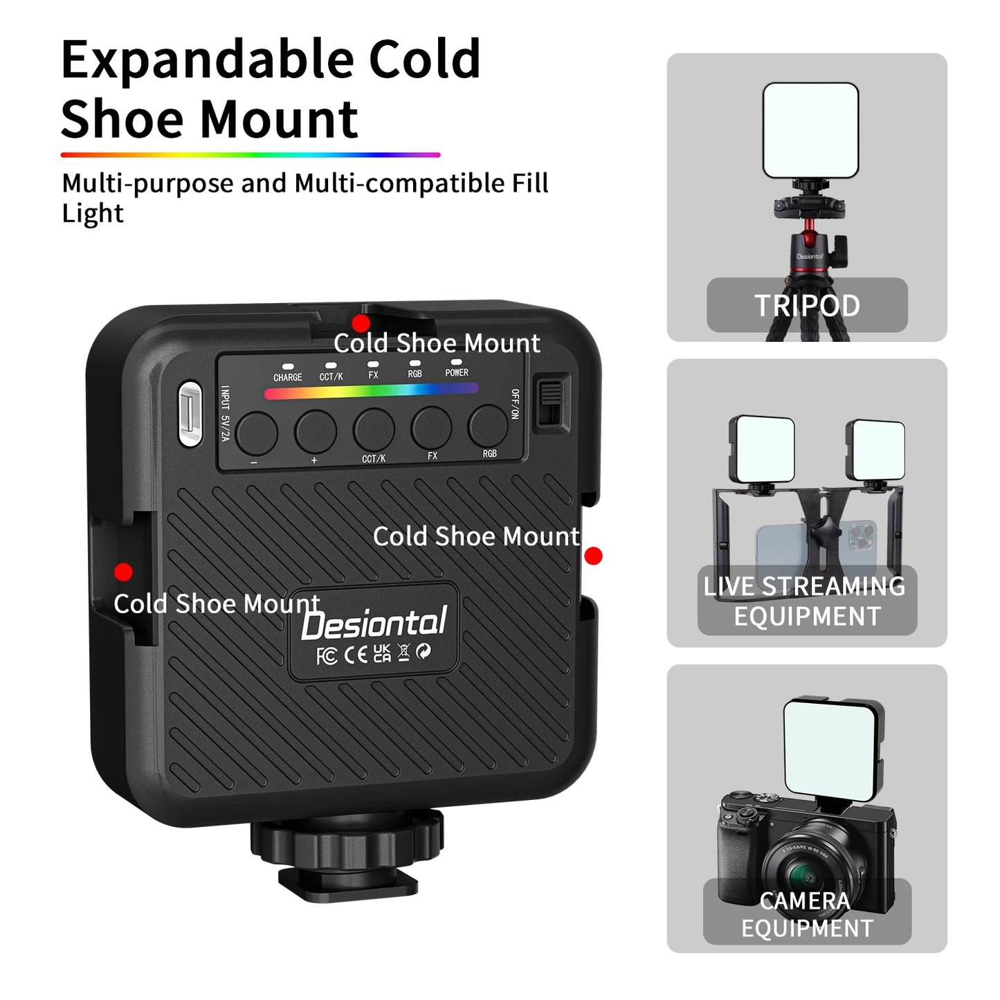 Desiontal RGB Video Light LED Camera Light 360° Full Color CRI 95+ 3000-6500K Dimmable Panel Lamp with 3 Cold Shoe 1500mAh