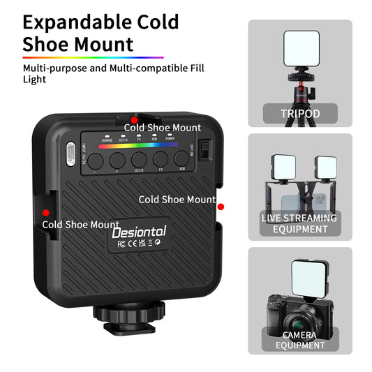 Desiontal RGB Video Light LED Camera Light 360° Full Color CRI 95+ 3000-6500K Dimmable Panel Lamp with 3 Cold Shoe 1500mAh
