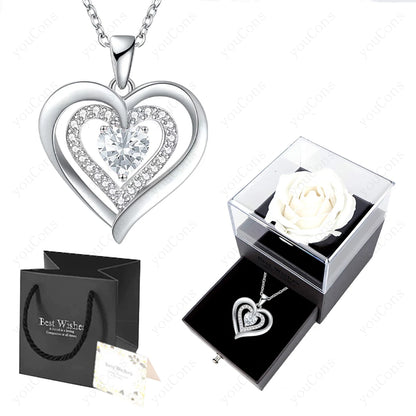 Zircon Heart Pendant Necklace With Rose Bow Box 2025 New Jewelry Set For Girlfriend Mother Christmas Anniversary Valentine Gift