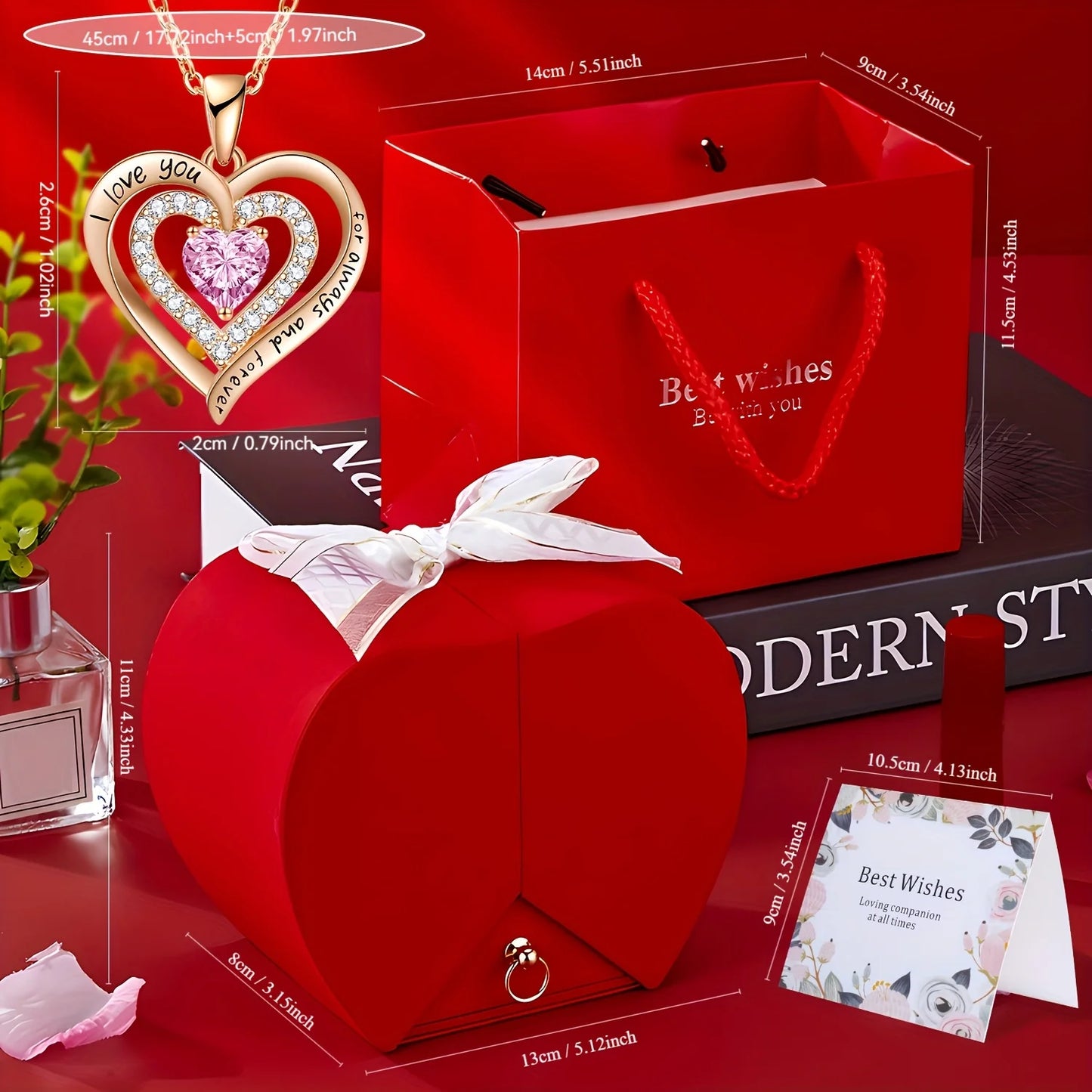 Exquisite Pink Heart Necklace withRed Rose Gift Box for Wife,Mother's Day Present,Valentine's Date Souvenir,Anniversary Keepsake