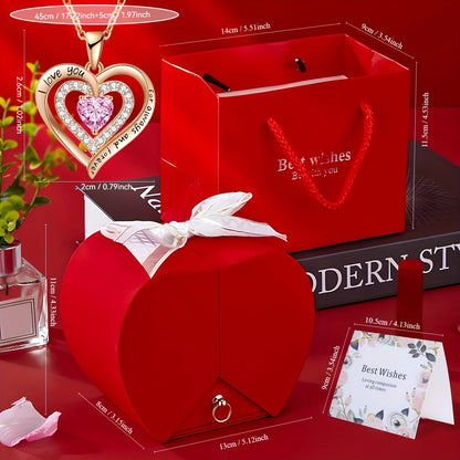 Exquisite Pink Heart Necklace withRed Rose Gift Box for Wife,Mother's Day Present,Valentine's Date Souvenir,Anniversary Keepsake