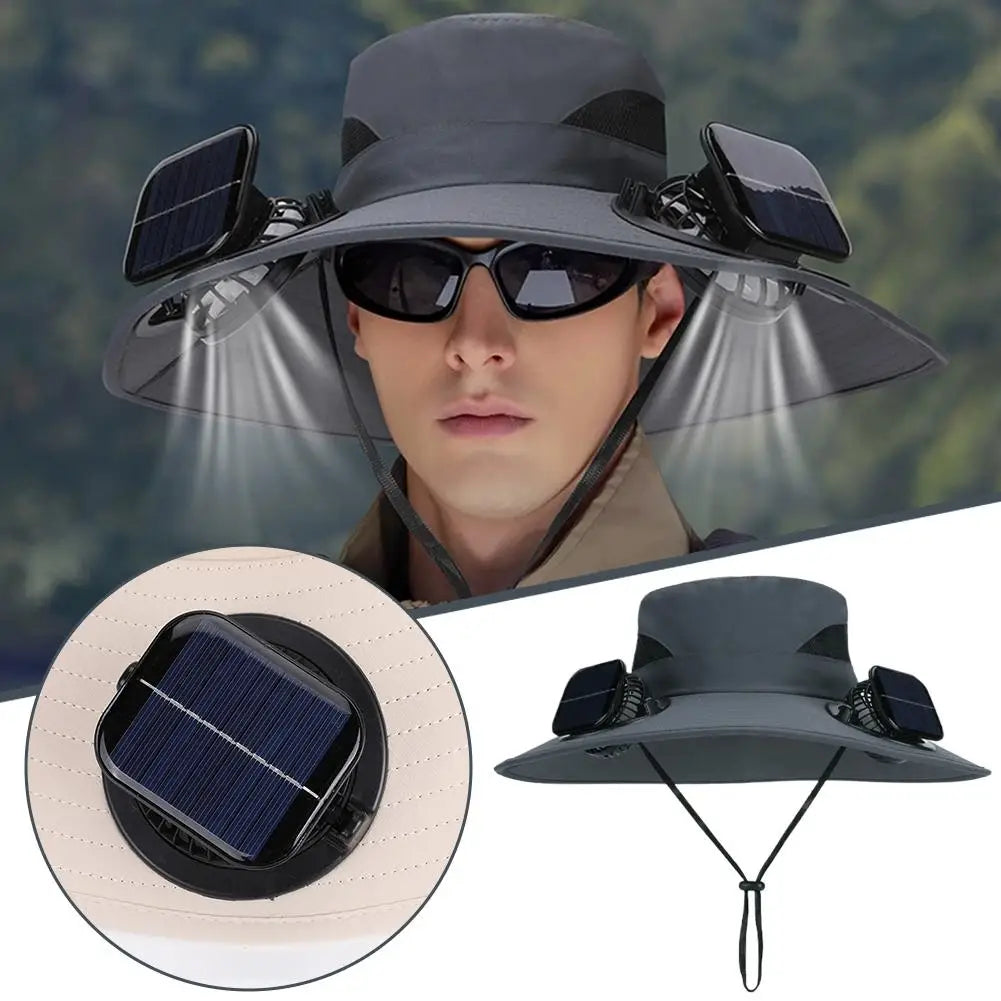 Solar Fan Hat for Men Women, Wide Brim Sun Protection Hat with Dual Solar Fans, 2-in-1 Hands-Free Cooling Cap for Hiking & Work