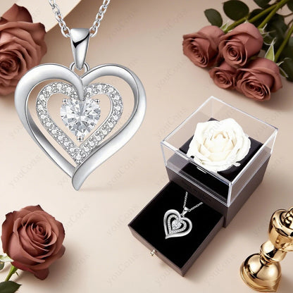 Zircon Heart Pendant Necklace With Rose Bow Box 2025 New Jewelry Set For Girlfriend Mother Christmas Anniversary Valentine Gift