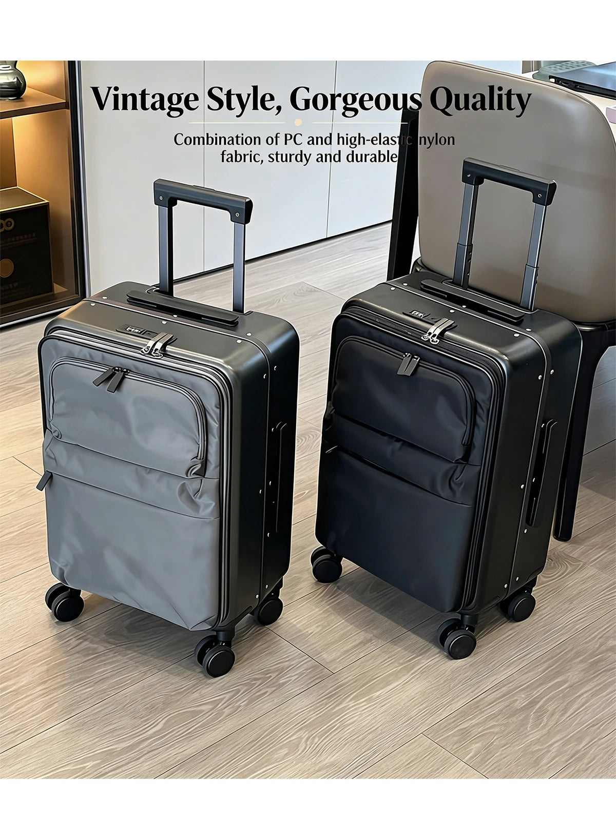 Front Opening Luggage Aluminum Frame Softside Luggage with Spinner Wheels Men Carry-On Luggage Women Travel Trolley Case 20 Inch