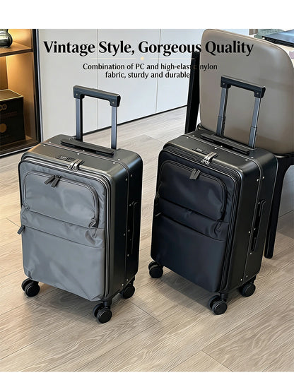 Front Opening Luggage Aluminum Frame Softside Luggage with Spinner Wheels Men Carry-On Luggage Women Travel Trolley Case 20 Inch