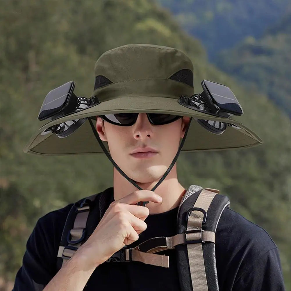 Solar Fan Hat for Men Women, Wide Brim Sun Protection Hat with Dual Solar Fans, 2-in-1 Hands-Free Cooling Cap for Hiking & Work