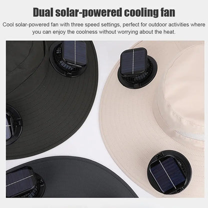Solar Fan Hat for Men Women, Wide Brim Sun Protection Hat with Dual Solar Fans, 2-in-1 Hands-Free Cooling Cap for Hiking & Work