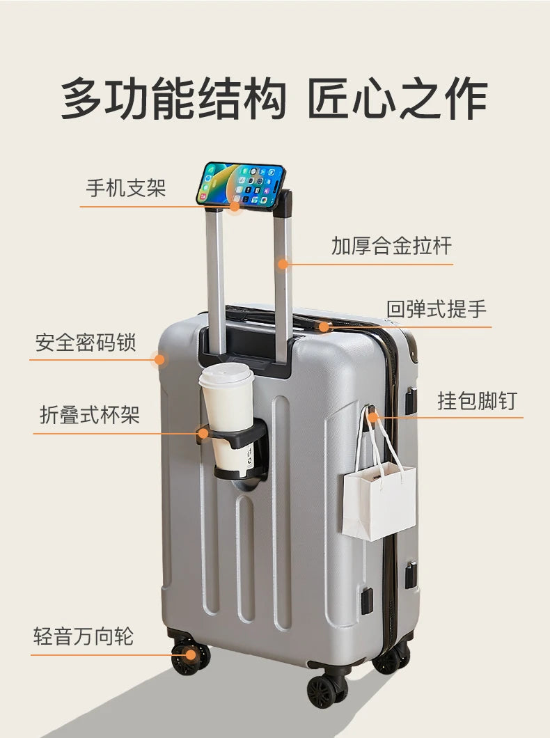 20-28 Inch Luggage Suitcase with Wheels Travel Bag Featuring Cup Holder and Phone Stand - Essential Travel Companion for Safety