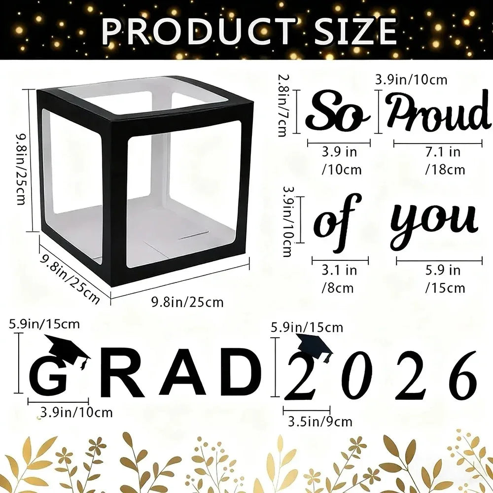 4pcs 2026 Black Graduation Balloon Boxes GRAD 2026 So Proud of You Balloon Box for Graduation Party Props Background Decoration