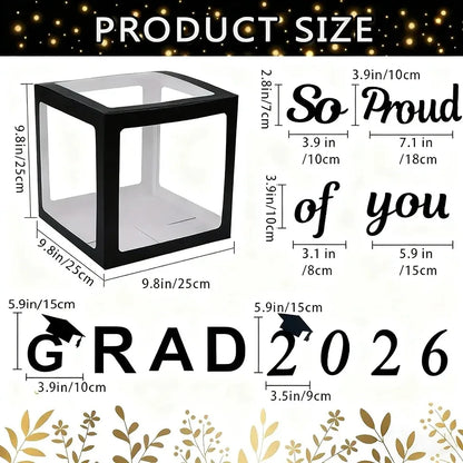 4pcs 2026 Black Graduation Balloon Boxes GRAD 2026 So Proud of You Balloon Box for Graduation Party Props Background Decoration