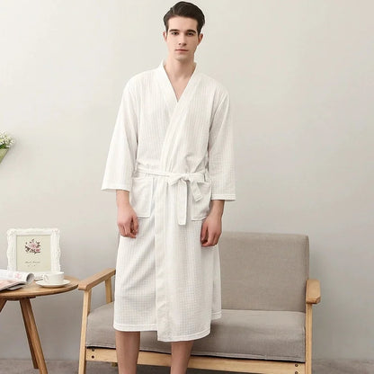 White Waffle Bathrobe Quick-dry Soft Long Sleeved Bathrobe For Women Men Home Hotel Spa Couple Sleepwear XXXL Thin Summer