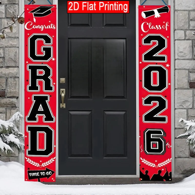 VIKAMA 2026 Graduation Season Door Banner Red and Black Academic Cap Logo Indoor/Outdoor Hanging Backdrop Graduation Party Decor