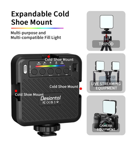 Desiontal RGB Video Light LED Camera Light 360° Full Color CRI 95+ 3000-6500K Dimmable Panel Lamp with 3 Cold Shoe 1500mAh