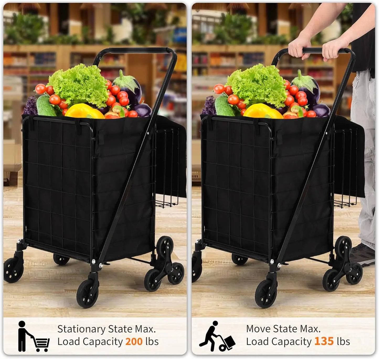 Portable Collapsible Folding Utility Cart Stair Climbing Grocery Cart Featuring Rear Tri-Wheels 360° Swivel Wheels for Grocery