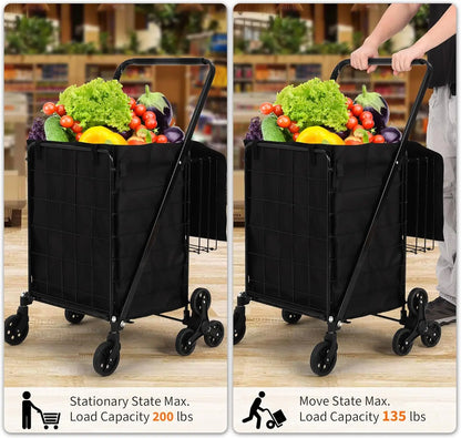 Portable Collapsible Folding Utility Cart Stair Climbing Grocery Cart Featuring Rear Tri-Wheels 360° Swivel Wheels for Grocery