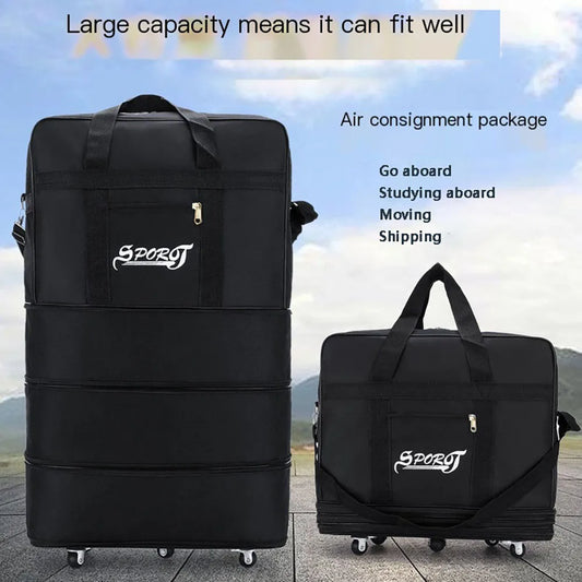 Travelling Pack Wheels For Women Men Expandable Foldable Trolley Luggage Versatile Black Suitcase for Weekend Trip Overnight Bag
