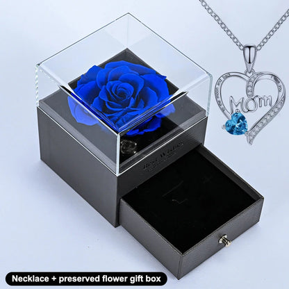 Luxury Preserved Flower Gift Box With Purple Rose & "MOM I Love You" Heart Pendant Necklace - Elegant Mother's Day Anniversary