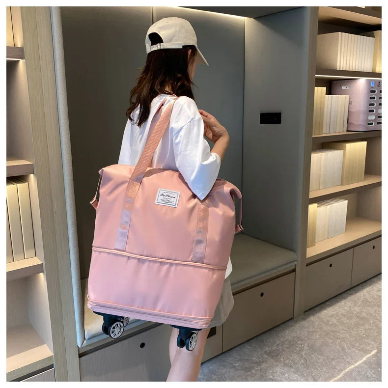 Large Capacity Travel Bag with Spinner Wheels Waterproof Wet Dry Separation Expandable Luggage for Students Business Maternity