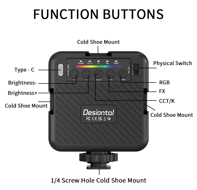 Desiontal RGB Video Light LED Camera Light 360° Full Color CRI 95+ 3000-6500K Dimmable Panel Lamp with 3 Cold Shoe 1500mAh