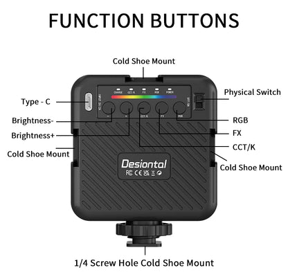 Desiontal RGB Video Light LED Camera Light 360° Full Color CRI 95+ 3000-6500K Dimmable Panel Lamp with 3 Cold Shoe 1500mAh