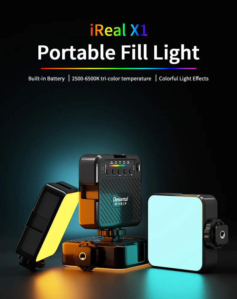 Desiontal RGB Video Light LED Camera Light 360° Full Color CRI 95+ 3000-6500K Dimmable Panel Lamp with 3 Cold Shoe 1500mAh