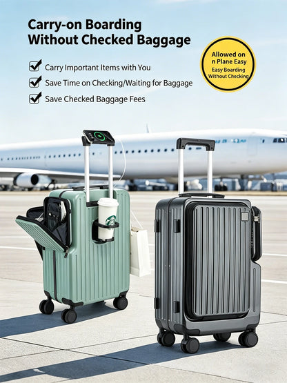 Front-opening Carry-On Suitcase multiple function Laptop Boarding Case with USB Charging Trolley Case 20 Inch A Travel Luggage
