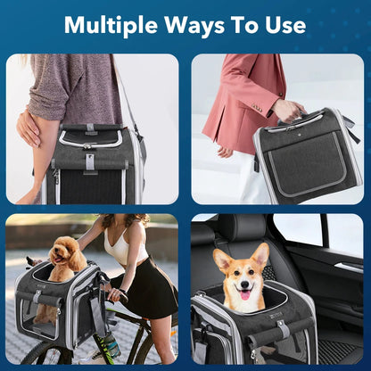 Dog or Cat Bike Basket, Expandable Soft Sided Pet Carrier Backpack with 4 Open Doors, Foldable Dog Bike Carrier
