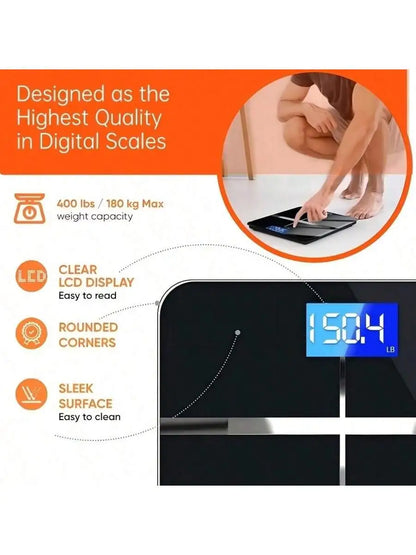 Smart Multi-Function Body Fat & Weight Bathroom Scale with Tempered Glass Wide Platform, 390lbs. For Home, Fitness, Outdoor.