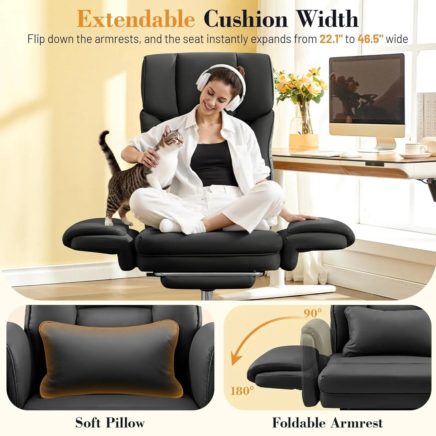 Big and Tall Office Chair, 400LBS Wide Leather Executive Chair, Reversible Armrest for Pets Criss Cross Legged,, Customized