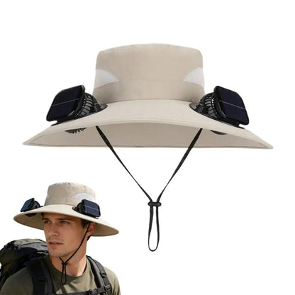 Solar Fan Hat for Men Women, Wide Brim Sun Protection Hat with Dual Solar Fans, 2-in-1 Hands-Free Cooling Cap for Hiking & Work