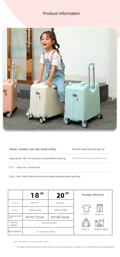 Kids Luggage Lovely Travel Suitcase on Spinner Wheels Sit and Ride Children's Travel Bag Password Carry on Trolley Luggage Bag