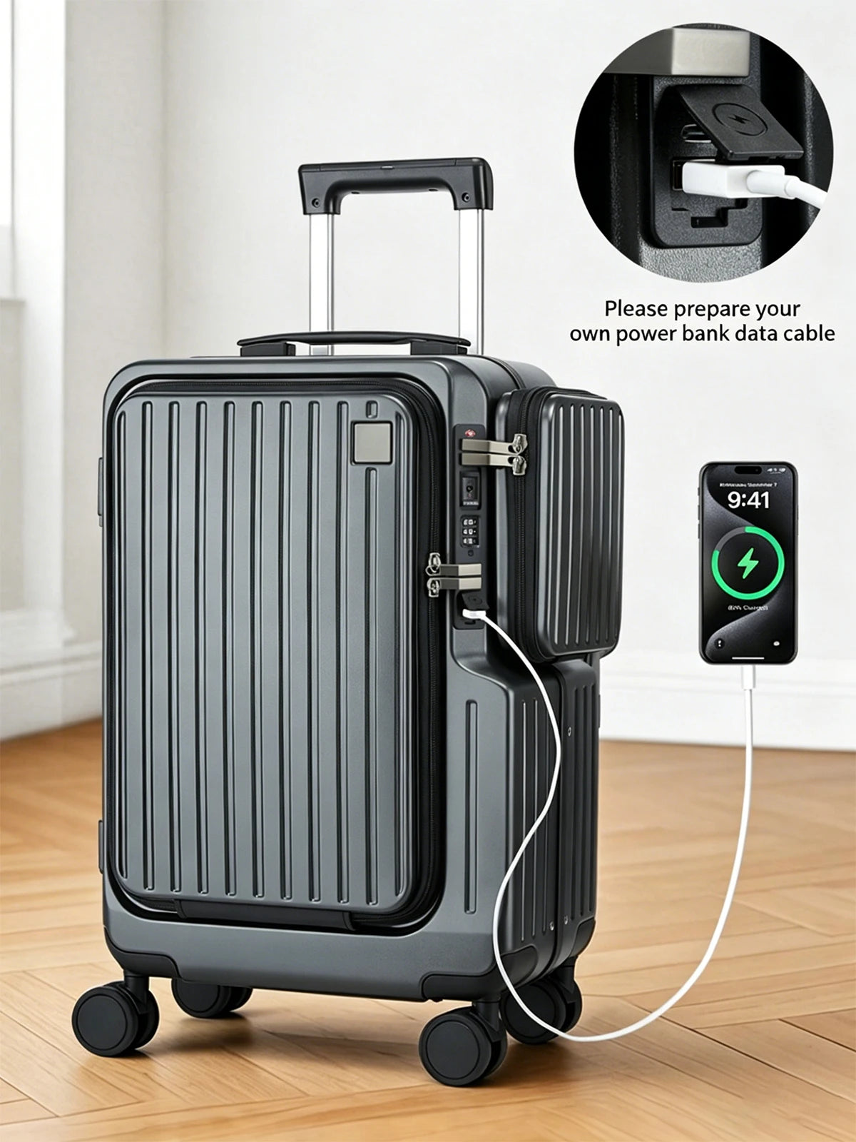 Front-opening Carry-On Suitcase multiple function Laptop Boarding Case with USB Charging Trolley Case 20 Inch A Travel Luggage