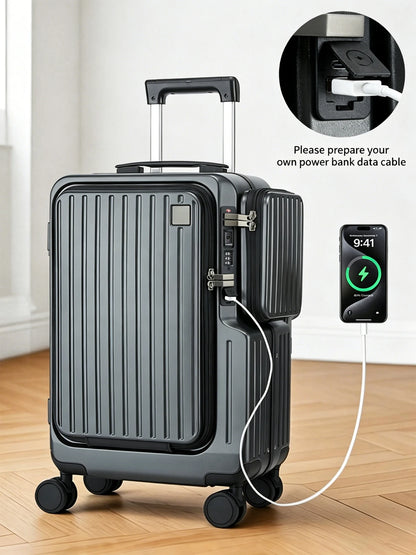 Front-opening Carry-On Suitcase multiple function Laptop Boarding Case with USB Charging Trolley Case 20 Inch A Travel Luggage