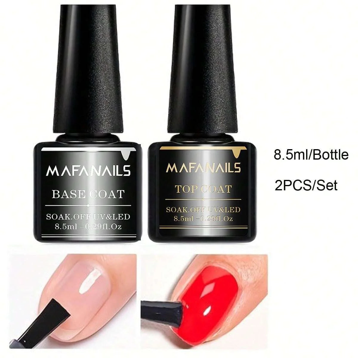 2pcs 8.5ml Base Coat & Top Coat Gel Nail Polish Set - Long Lasting Soak Off LED Nail Lamp Gel Base Top Coat Finish Nail Varnish
