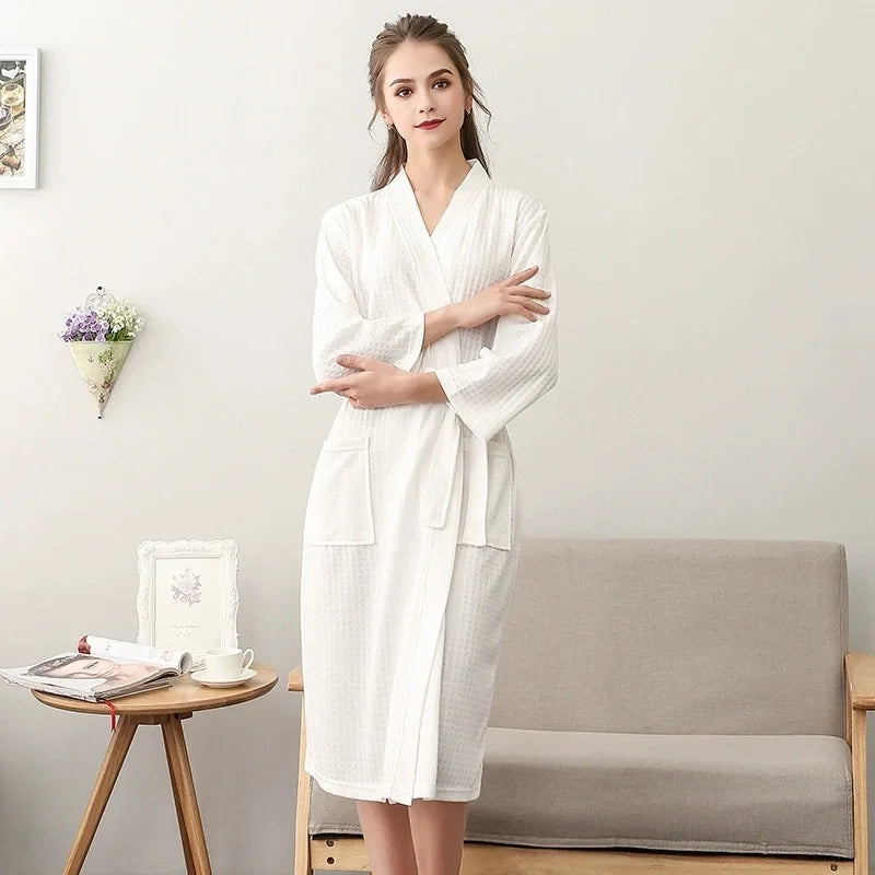 White Waffle Bathrobe Quick-dry Soft Long Sleeved Bathrobe For Women Men Home Hotel Spa Couple Sleepwear XXXL Thin Summer