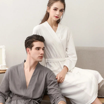 White Waffle Bathrobe Quick-dry Soft Long Sleeved Bathrobe For Women Men Home Hotel Spa Couple Sleepwear XXXL Thin Summer