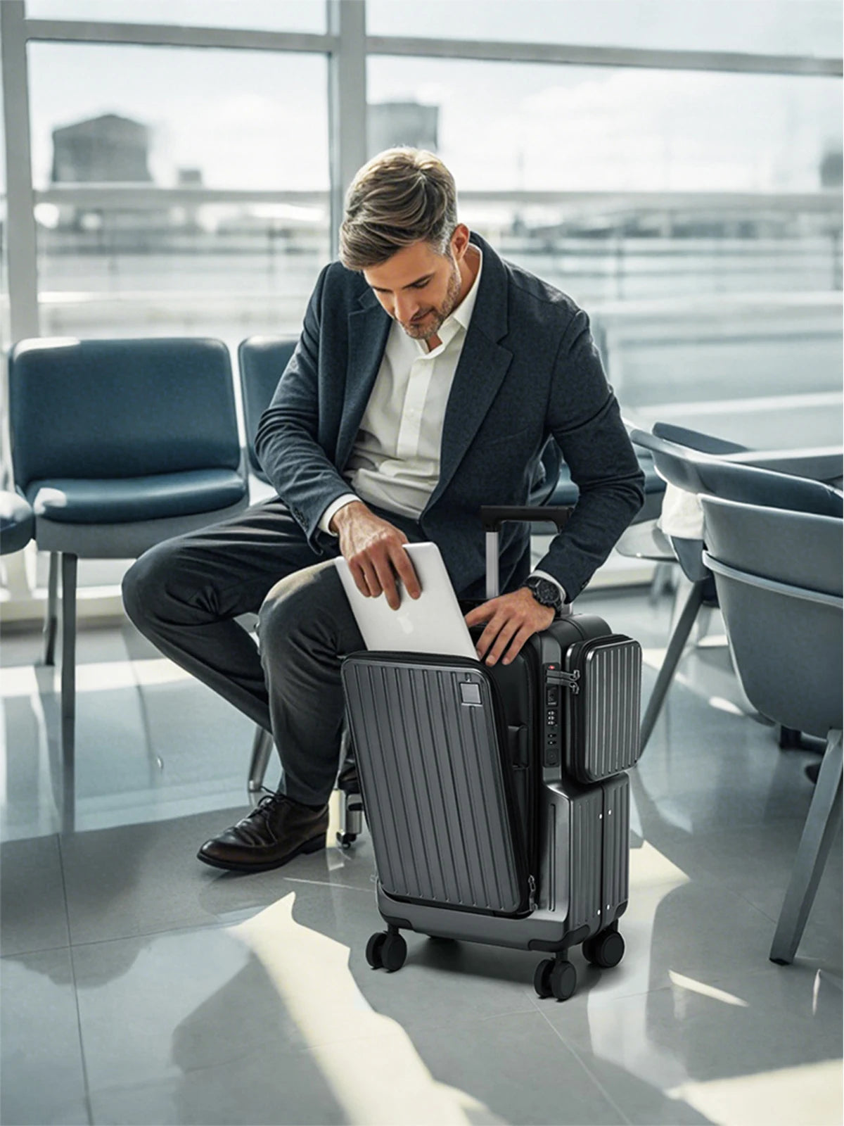 Front-opening Carry-On Suitcase multiple function Laptop Boarding Case with USB Charging Trolley Case 20 Inch A Travel Luggage