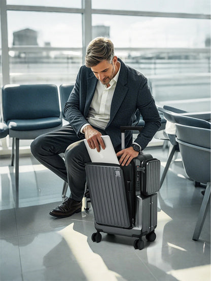 Front-opening Carry-On Suitcase multiple function Laptop Boarding Case with USB Charging Trolley Case 20 Inch A Travel Luggage