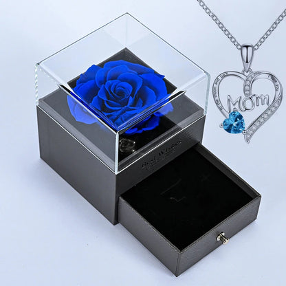 Luxury Preserved Flower Gift Box With Purple Rose & "MOM I Love You" Heart Pendant Necklace - Elegant Mother's Day Anniversary