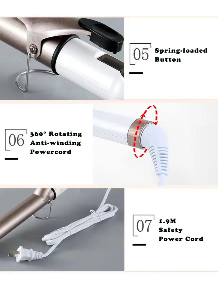 Temperature Setting Electric Hair Curler Long Curling Tong Wand 9-38mm Professional Hair Curling Iron LCD Screen