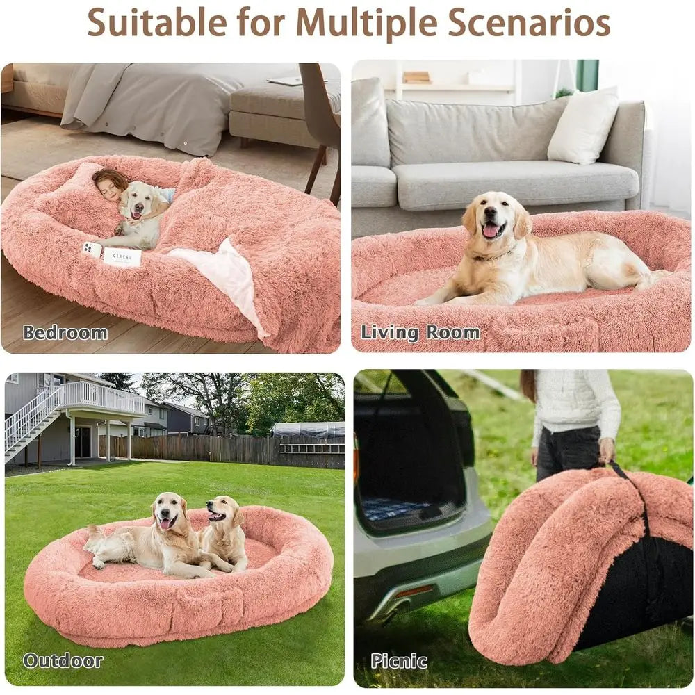 Large Washable Memory Foam Dog Bed with Pillow & Blanket, 71x45x12 Inches, PinkTime-limited