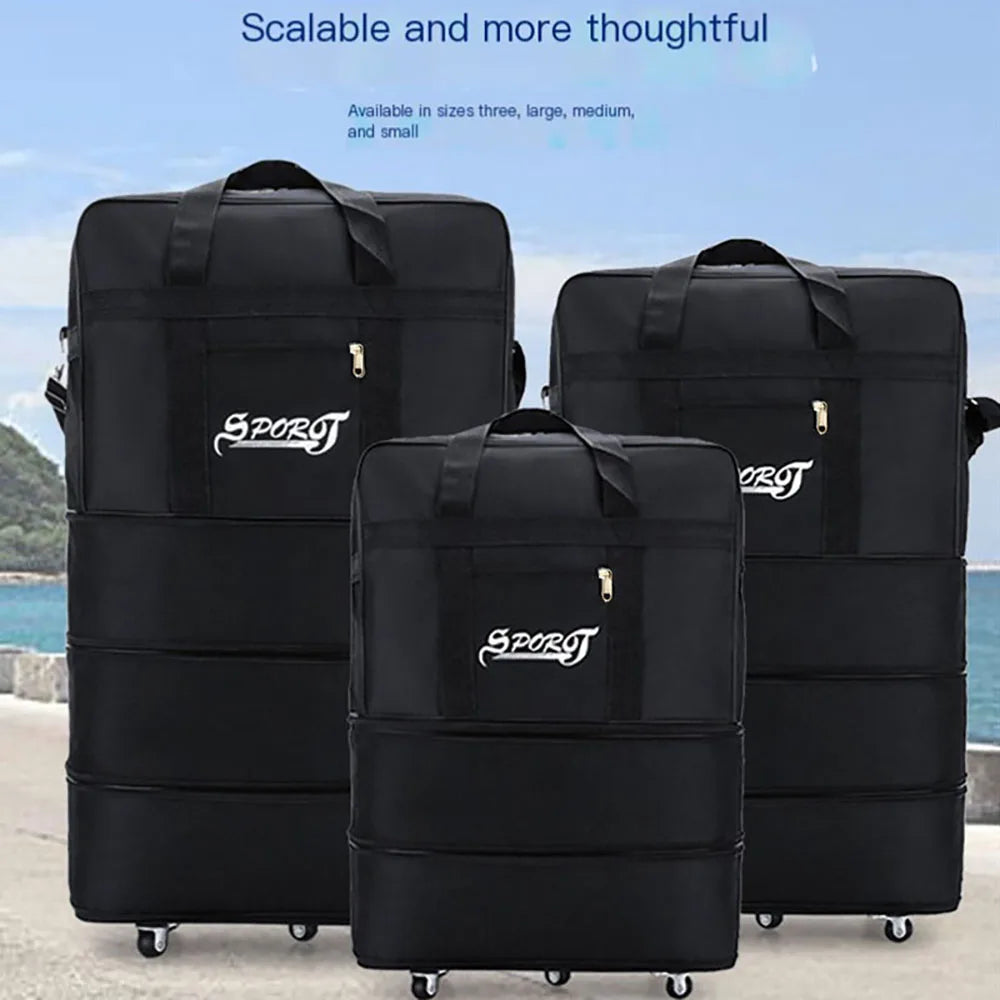 Travelling Pack Wheels For Women Men Expandable Foldable Trolley Luggage Versatile Black Suitcase for Weekend Trip Overnight Bag