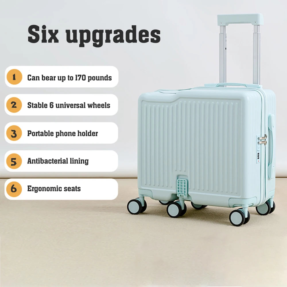 18"Hand Carry Luggage Portable Boarding Baggage 6 Wheels ZIPPER lock luggage Can Sit Down Kids Luggage