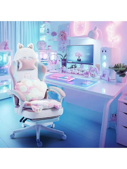 Gaming Chair Cute with Cat Ears Paw Lumbar and Cushion,Ergonomic Computer Chair with Footrest,Reclining PC Game Chair for Girl