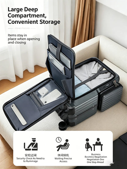 Front-opening Carry-On Suitcase multiple function Laptop Boarding Case with USB Charging Trolley Case 20 Inch A Travel Luggage